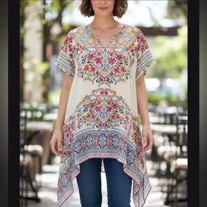 Johnny Was Tunic Cupra Rayon Floral Paisley Print Women’s Blouse Multicolor Sz s